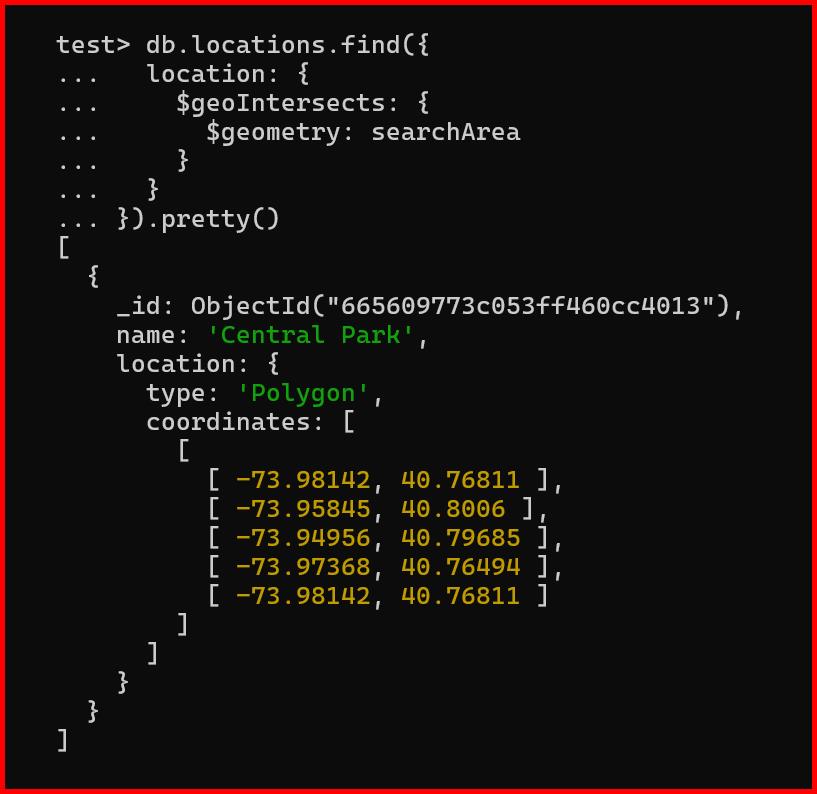 Picture showing the output of $geointersects operator in mongodb